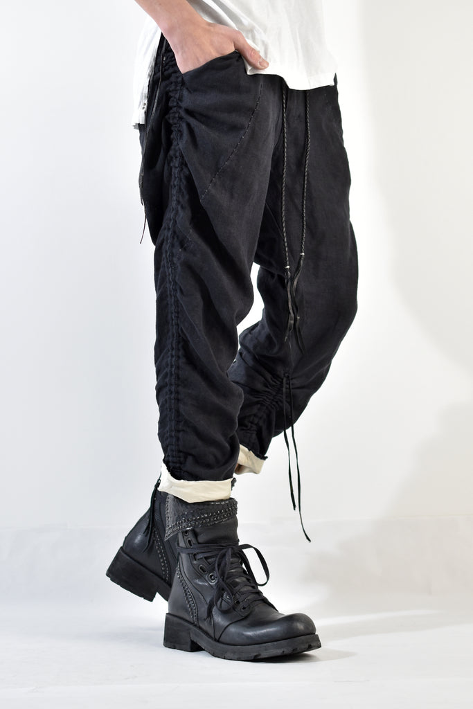 2001-PT02A Shirring Linen Layered Pants Black