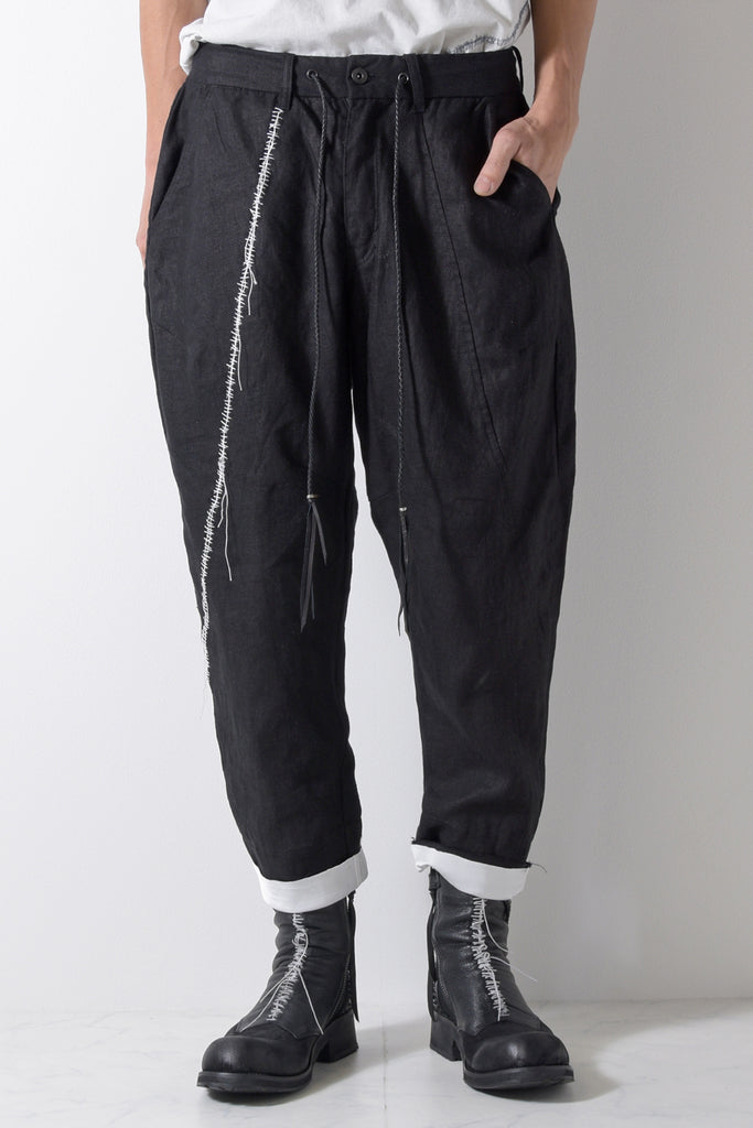 2201-PT01A Hand Stitched Linen Layered Pants 01 Black